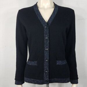 Aida Barni black silver trim Cashmere blend cardigan sweater w/ pockets Small